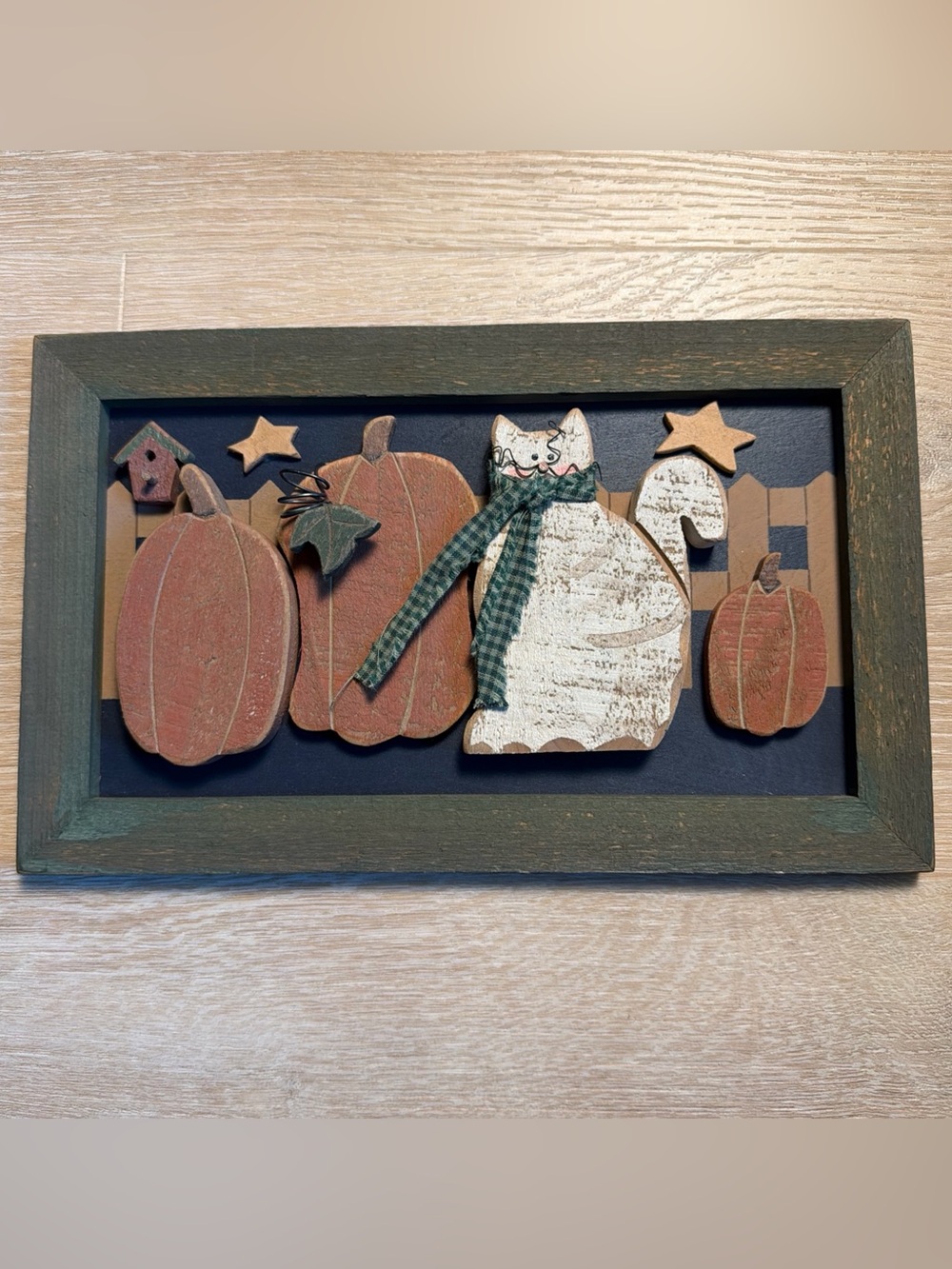 Vintage 90s Tender Heart Treasures Fall Wood Plaque Cat Pumpkin Rustic Halloween